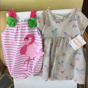 12m 2 piece dress , flamingo snap romper